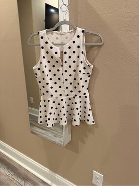 Soprano White Sleeveless Peplum Top with Black Polka Dots